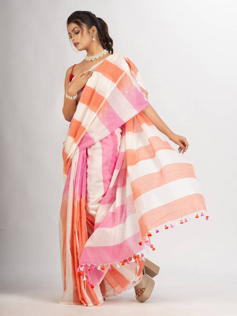 White pink And Orange Stipe Cotton handloom Saree