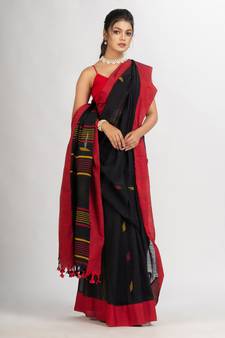 Black Handwoven Cotton Jamdani handloom Saree