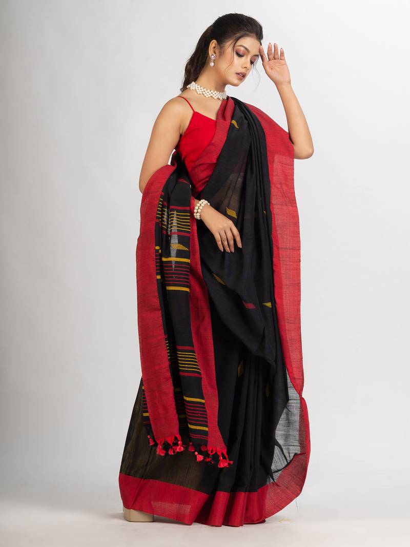 Black Handwoven Cotton Jamdani handloom Saree
