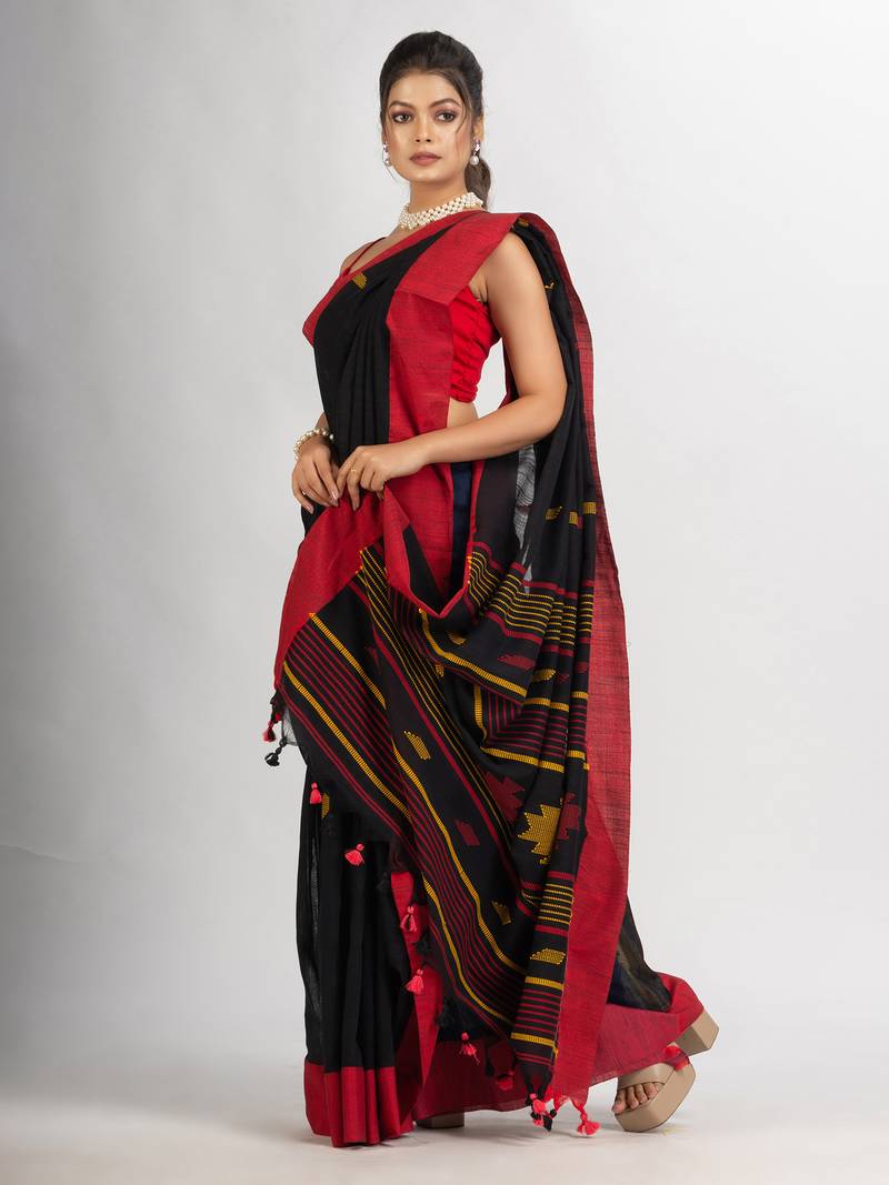 Black Handwoven Cotton Jamdani handloom Saree