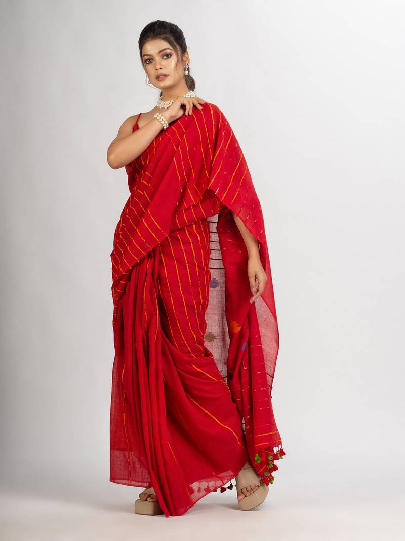 Red Handwoven Cotton Jamdani handloom Saree