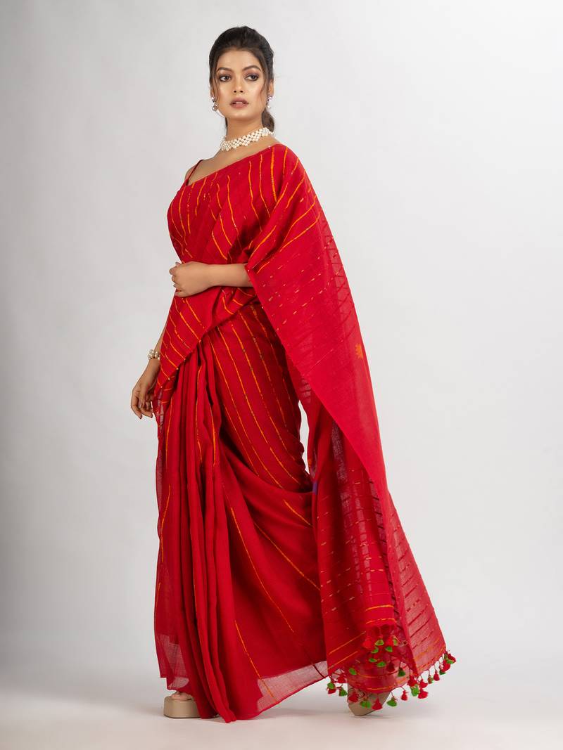Red Handwoven Cotton Jamdani handloom Saree