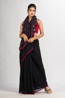 Black Handwoven Cotton Stipe handloom Saree