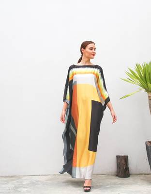 JSDC Geometric Printed Soft Silk Long Women Wear Beach Kaftan 3