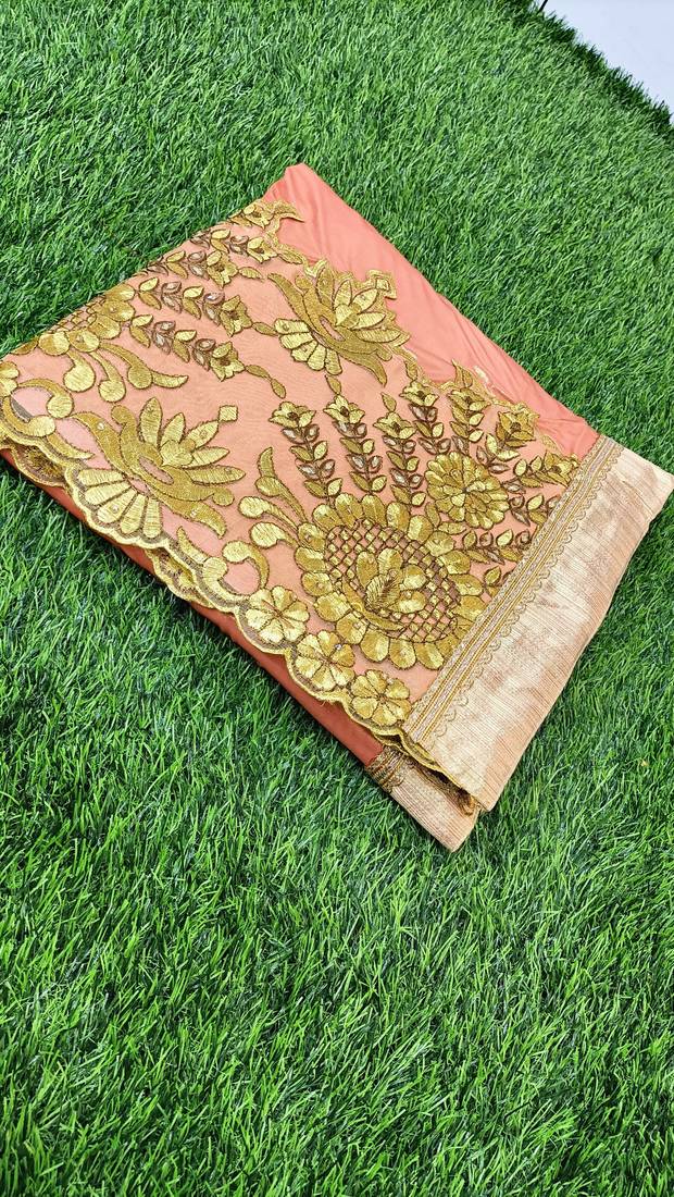 Trendmalls Orange embroidered lycra Traditional Wedding Party Wear Bridal Saree with Blouse 