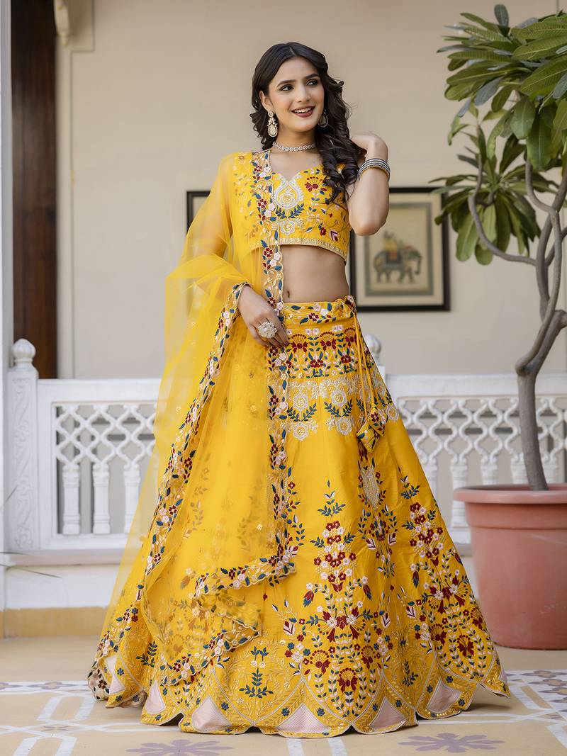 Malay Satin Embroidery Work Wedding, Party Wear Semi-stitched Latest Lehenga Choli With Dupatta