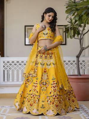 Malay Satin Embroidery Work Wedding, Party Wear Semi-stitched Latest Lehenga Choli With Dupatta 3