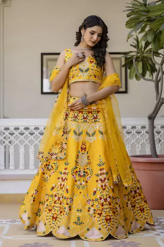 Malay Satin Embroidery Work Wedding, Party Wear Semi-stitched Latest Lehenga Choli With Dupatta