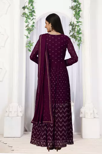 Trendmalls Purple Georgette Embroidery Kurta Pant with Dupatta Salwar Suit 3 Pieces Set