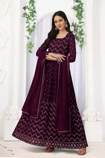 Trendmalls Purple Georgette Embroidery Kurta Pant with Dupatta Salwar Suit 3 Pieces Set