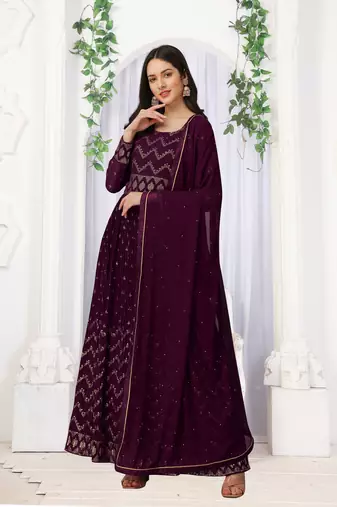 Trendmalls Purple Georgette Embroidery Kurta Pant with Dupatta Salwar Suit 3 Pieces Set