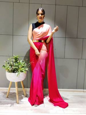 Multicolor plain pre-stitched ready to wear chiffon saree WITH UN-STITCHED BLOUSE 2