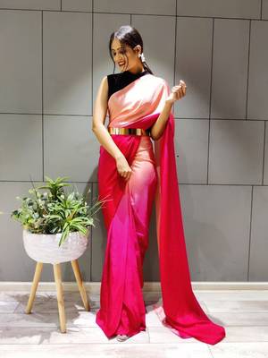 Multicolor plain pre-stitched ready to wear chiffon saree WITH UN-STITCHED BLOUSE 3