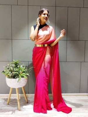 Multicolor plain pre-stitched ready to wear chiffon saree WITH UN-STITCHED BLOUSE 4