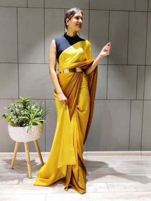 Multicolor plain ready to wear pre-stitched chiffon saree WITH UN-STITCHED BLOUSE 2
