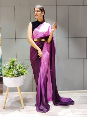 Multicolor plain Pre-Stitched chiffon saree WITH UN-STITCHED BLOUSE 2