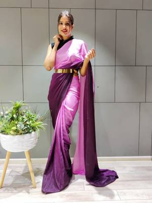 Multicolor plain Pre-Stitched chiffon saree WITH UN-STITCHED BLOUSE 3