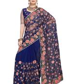 Navy blue embroidered net saree with blouse