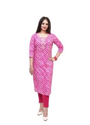 Women's pure cotton embellished leheriya printed pink straight kurta 1