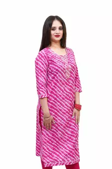 Women's pure cotton embellished leheriya printed pink straight kurta