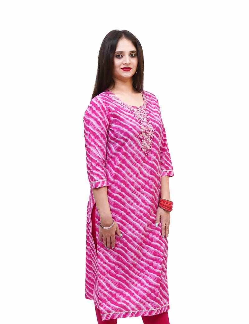 Women's pure cotton embellished leheriya printed pink straight kurta