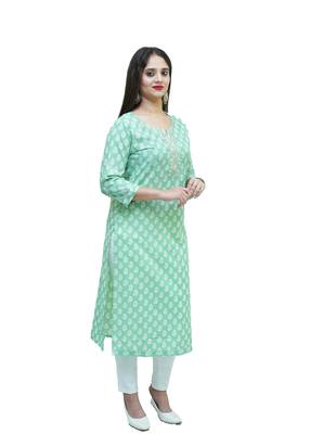 Women's Cotton hand block printed straight embellished kurta 2