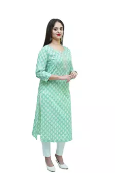 Women's Cotton hand block printed straight embellished kurta