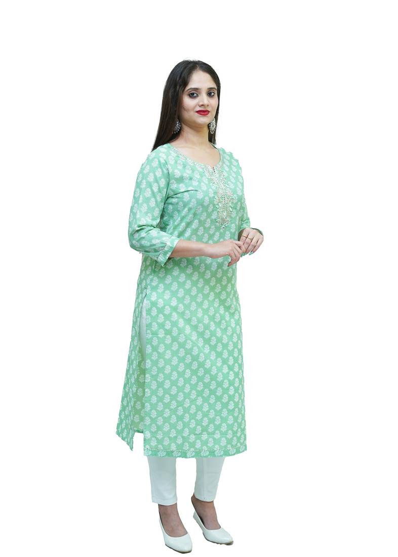 Women's Cotton hand block printed straight embellished kurta