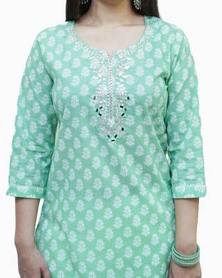 Women's Cotton hand block printed straight embellished kurta 4