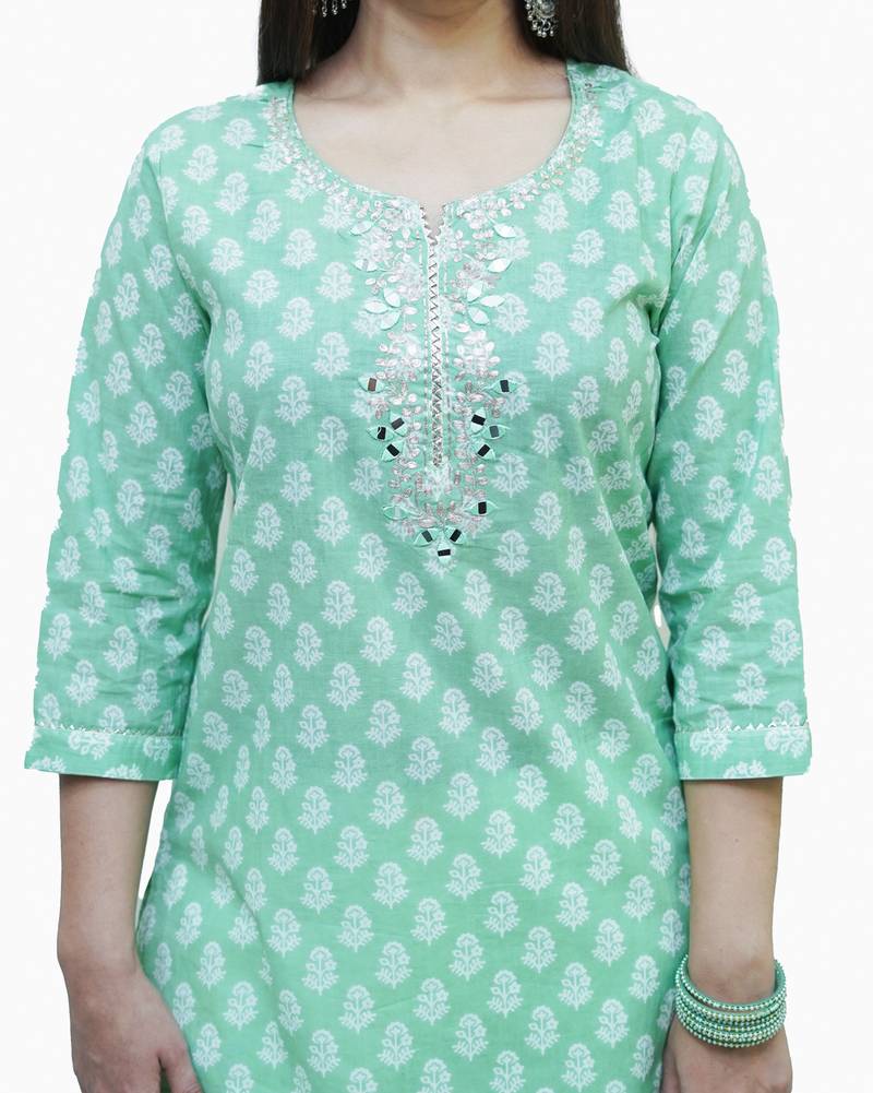 Women's Cotton hand block printed straight embellished kurta