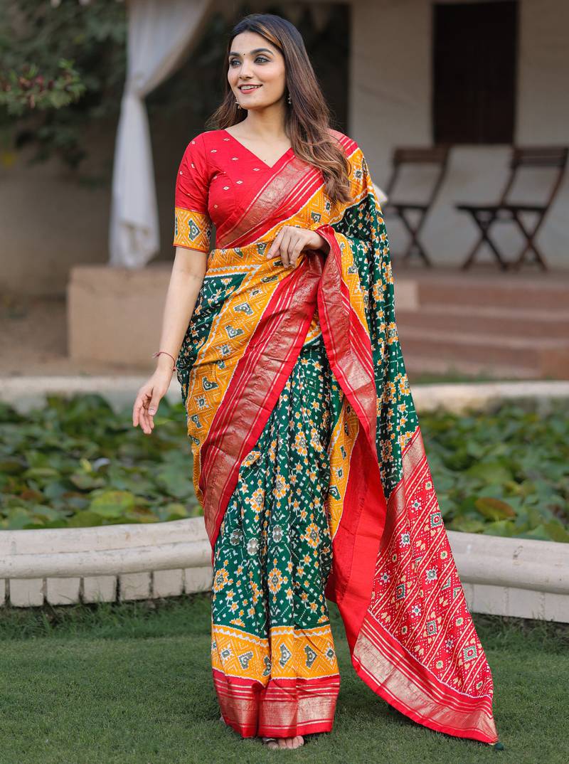 Women's Wear Dola Silk & Patola with Foil Print Saree With Blouse Piece 