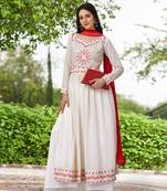 Trendmalls 3 Pics White Georgette Embroidery Traditional Kurta Pant with Dupatta Salwar Suit Set