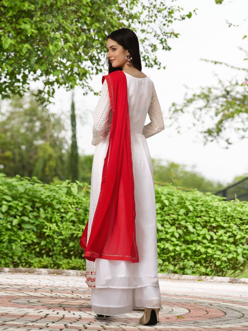 Trendmalls 3 Pics White Georgette Embroidery Traditional Kurta Pant with Dupatta Salwar Suit Set