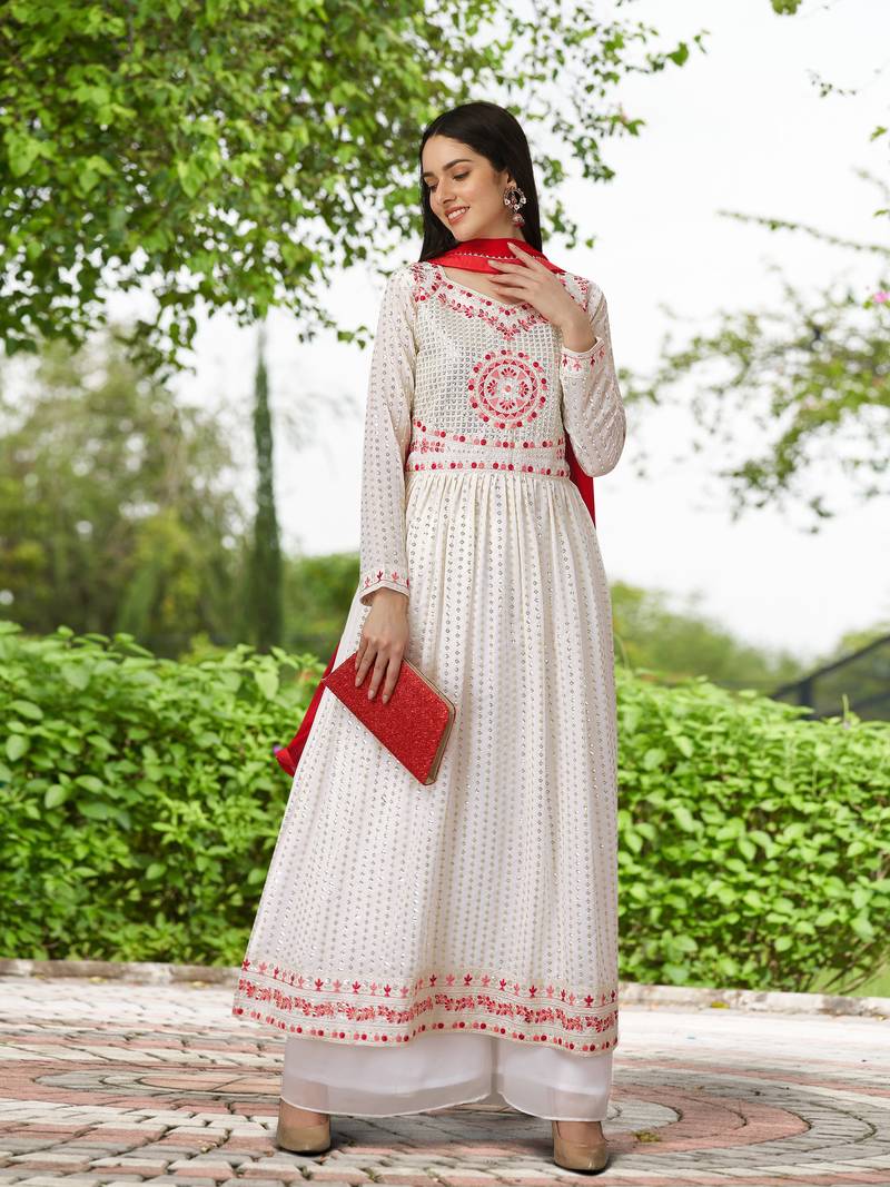 Trendmalls 3 Pics White Georgette Embroidery Traditional Kurta Pant with Dupatta Salwar Suit Set