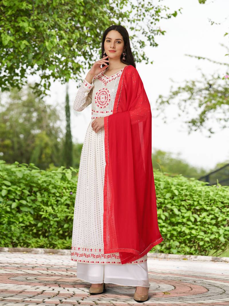 Trendmalls 3 Pics White Georgette Embroidery Traditional Kurta Pant with Dupatta Salwar Suit Set