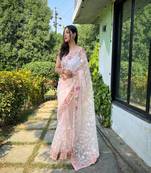 Peach Colour Heavy Embroidery Work Partywear Fancy Organza Girlish Saree