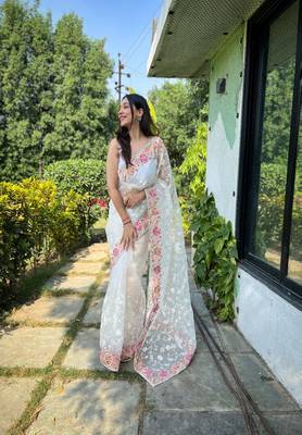 Off White Colour Heavy Embroidery Work Partywear Fancy Organza Girlish Saree 1