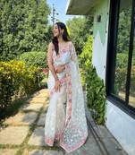 Off White Colour Heavy Embroidery Work Partywear Fancy Organza Girlish Saree