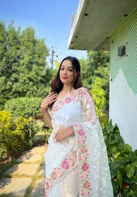 Off White Colour Heavy Embroidery Work Partywear Fancy Organza Girlish Saree 2