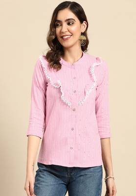 Pink Colour Short Office Kurti With Stipes Print 1