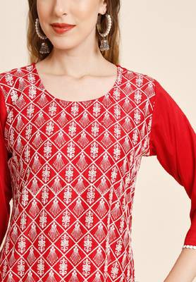 Red Colour Beautiful Embroidered Kurti For Office Casual Looks 3