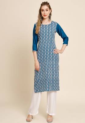 Teal Blue Colour Beautiful Embroidered Kurti For Office Casual Looks 1