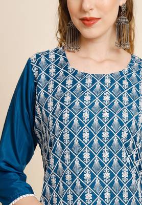 Teal Blue Colour Beautiful Embroidered Kurti For Office Casual Looks 3