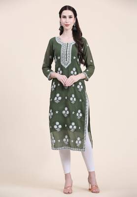 Smart Georgette Green Colour Embroidered Party Kurti 1