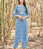 Sky Blue Colour Ethnic Thread Work Embroidery Kurti Bottom Set For Classy Looks