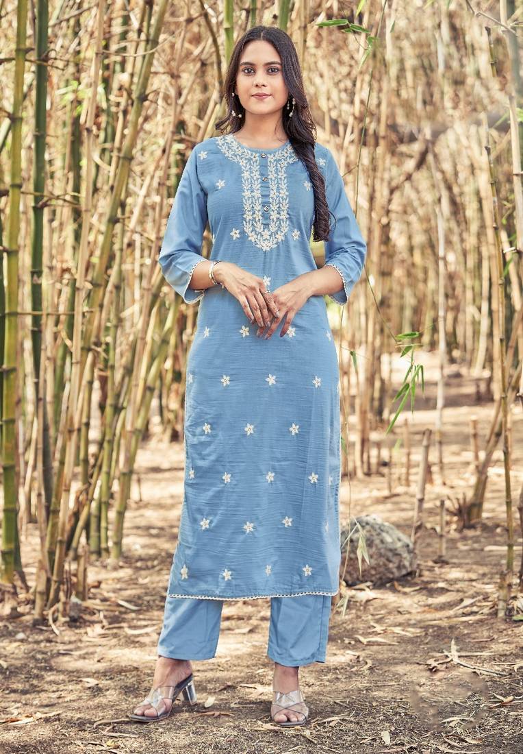 Sky Blue Colour Ethnic Thread Work Embroidery Kurti Bottom Set For Classy Looks