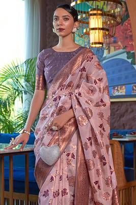 Purple kadwika Organza silk band banarasi style zari weaving saree with Blouse 2