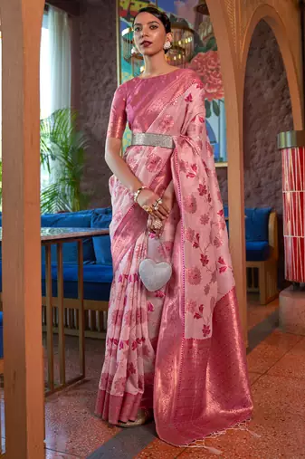 Pink Kadvika Silk Copper Zari  Shimmer Organza Weaving Saree For Women
