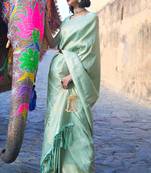 Sea Green Kumbhi silk bland Kanjivaram style festive wear zari border saree with Blouse