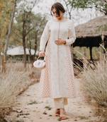 Off-White And Pink Motif Print Kurta Set